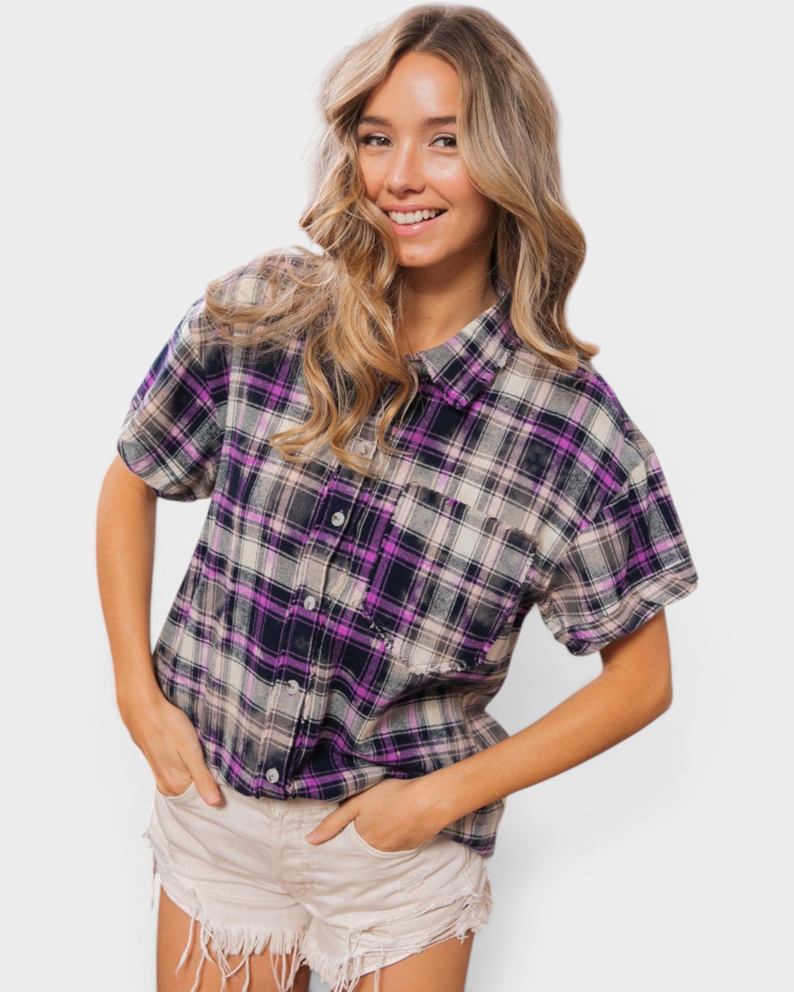 Gray & Purple Plaid Short Sleeve Button-Up Shirt