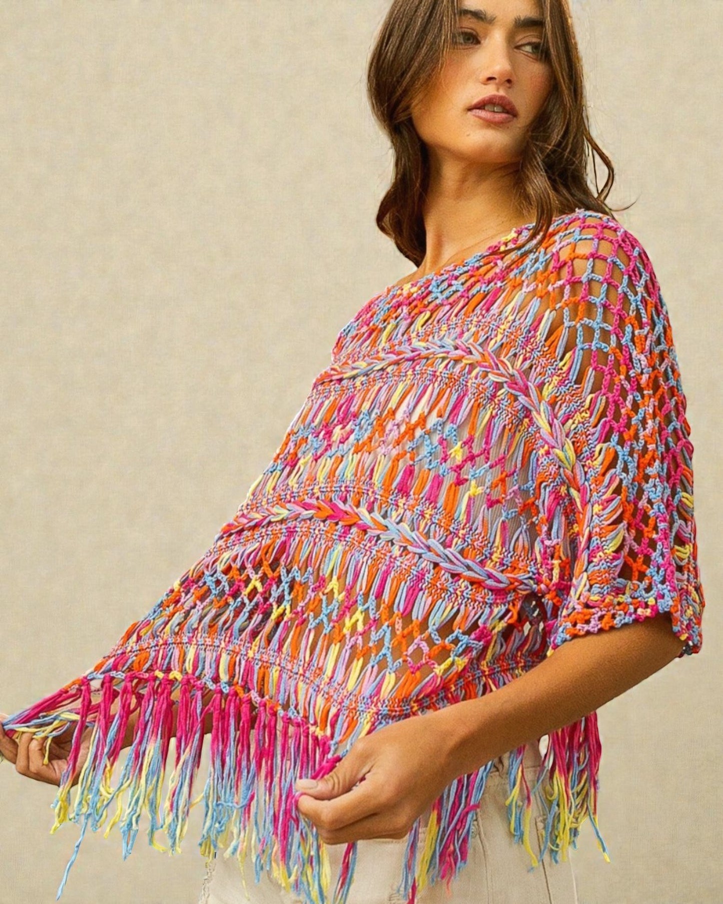 Multicolor Fringe Open Knit Boho Top