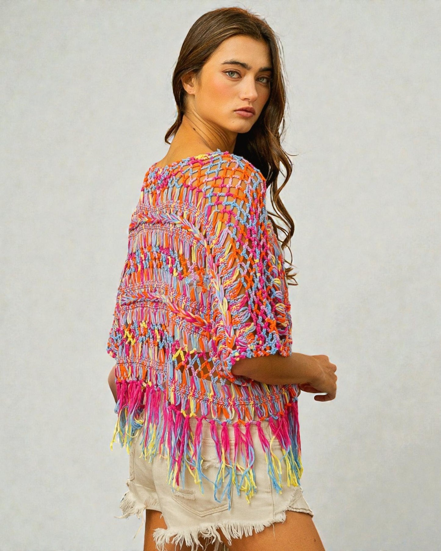 Multicolor Fringe Open Knit Boho Top