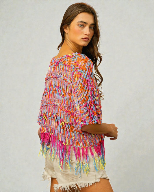 Multicolor Fringe Open Knit Boho Top