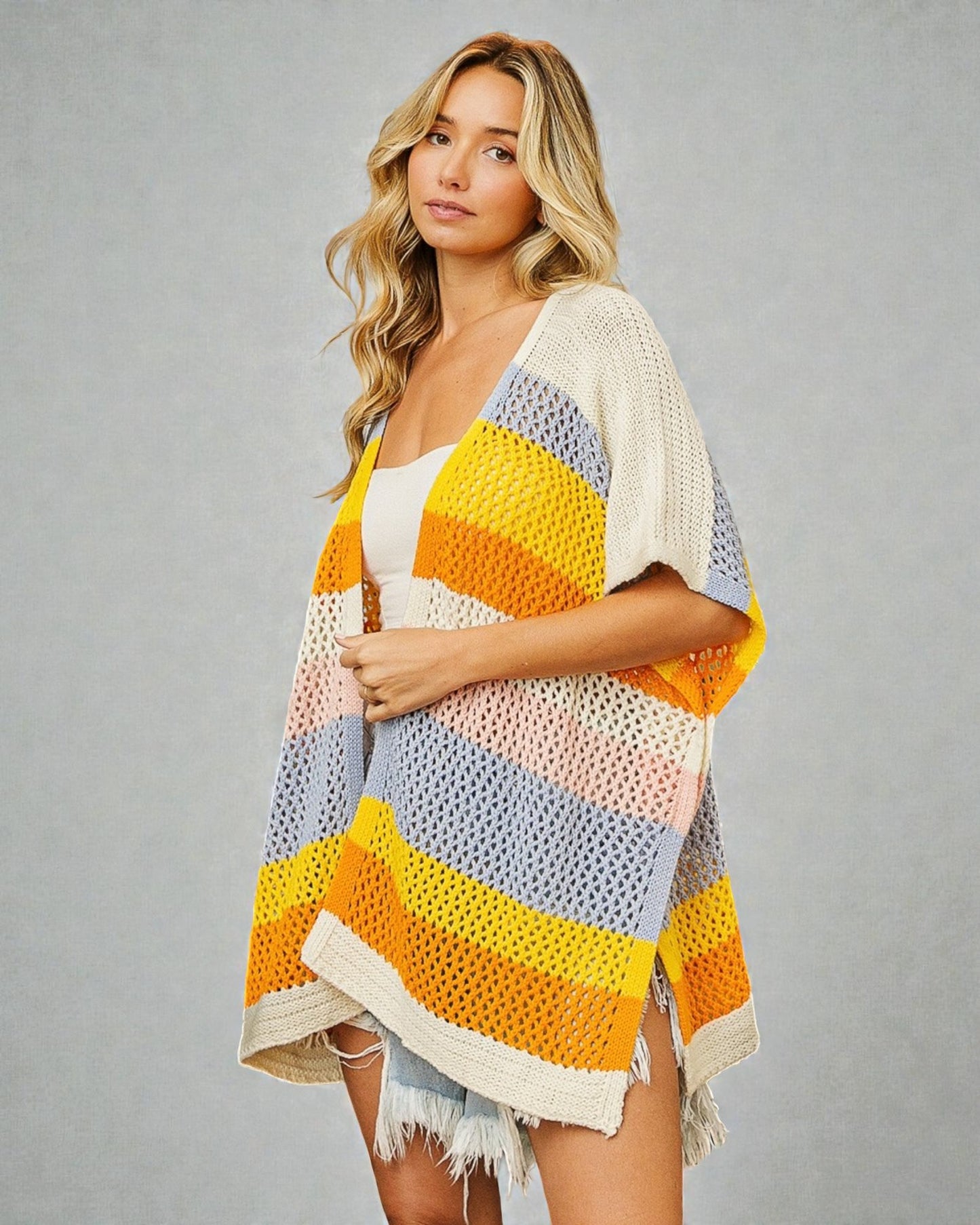 Yellow Blue & Cream Colorblock Open Knit Kimono