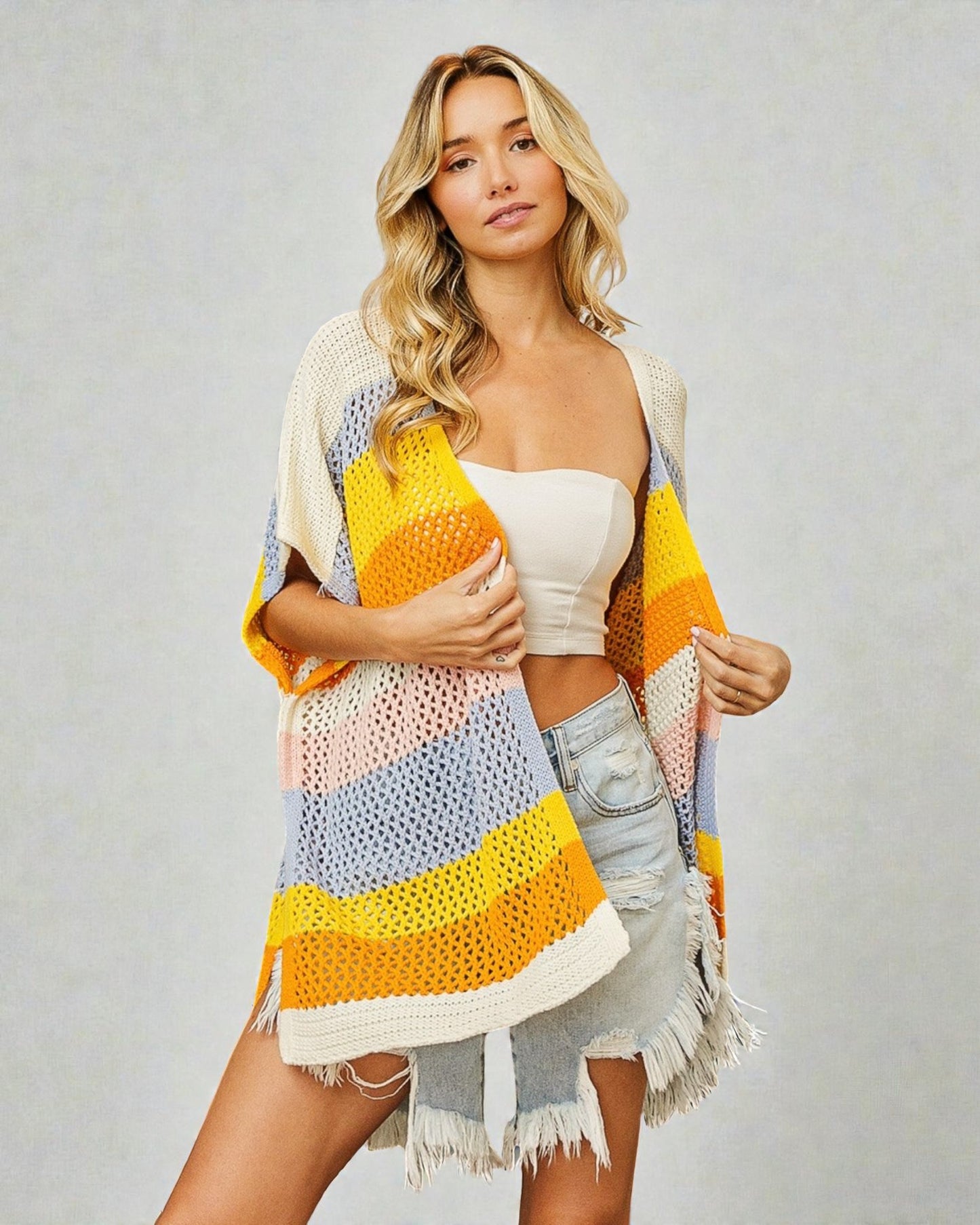 Yellow Blue & Cream Colorblock Open Knit Kimono