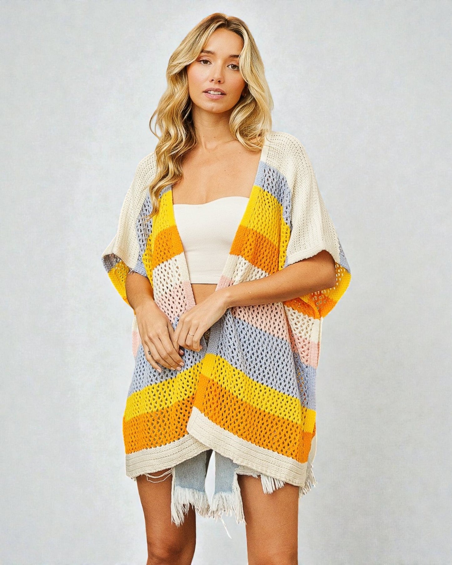 Yellow Blue & Cream Colorblock Open Knit Kimono