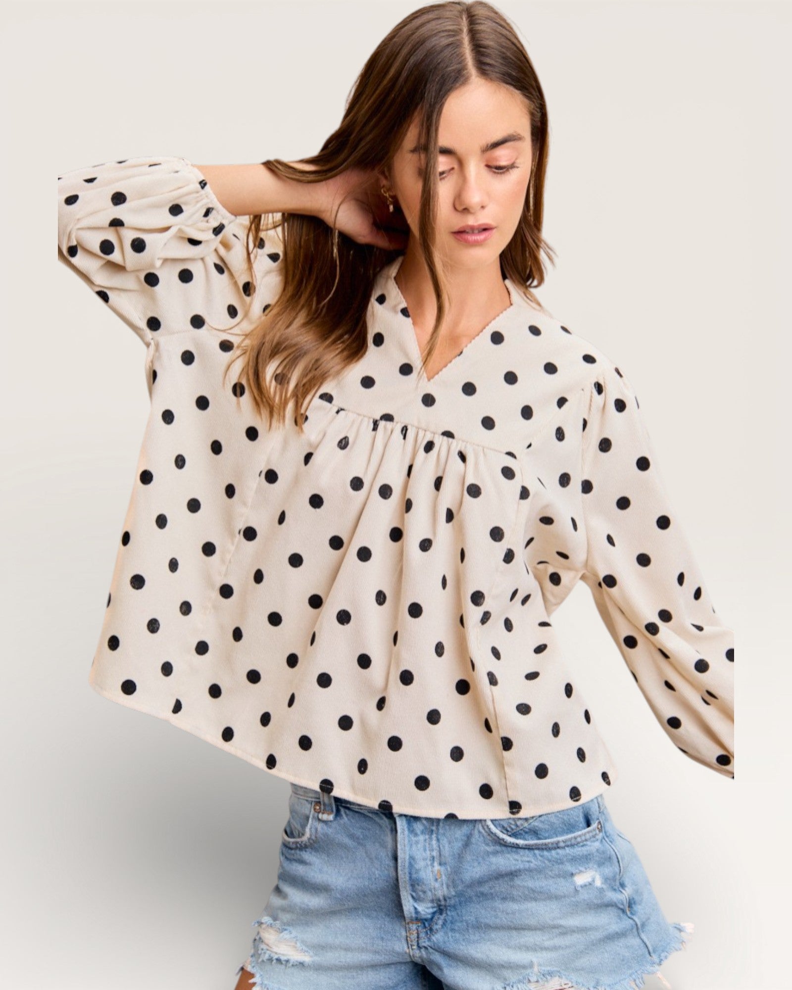 Ivory Corduroy Polka Dot V-Neck Blouse