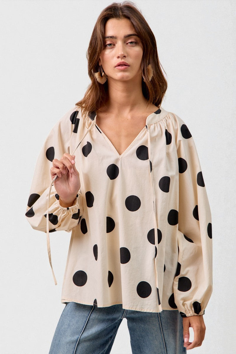 Ivory & Black Polka Dot Peasant Blouse