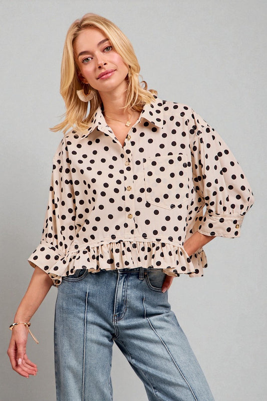 Ivory Polka Dot Ruffle Hem Button Top