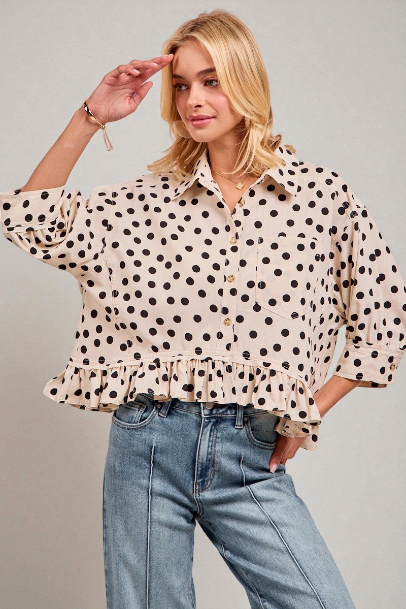 Ivory Polka Dot Ruffle Hem Button Top