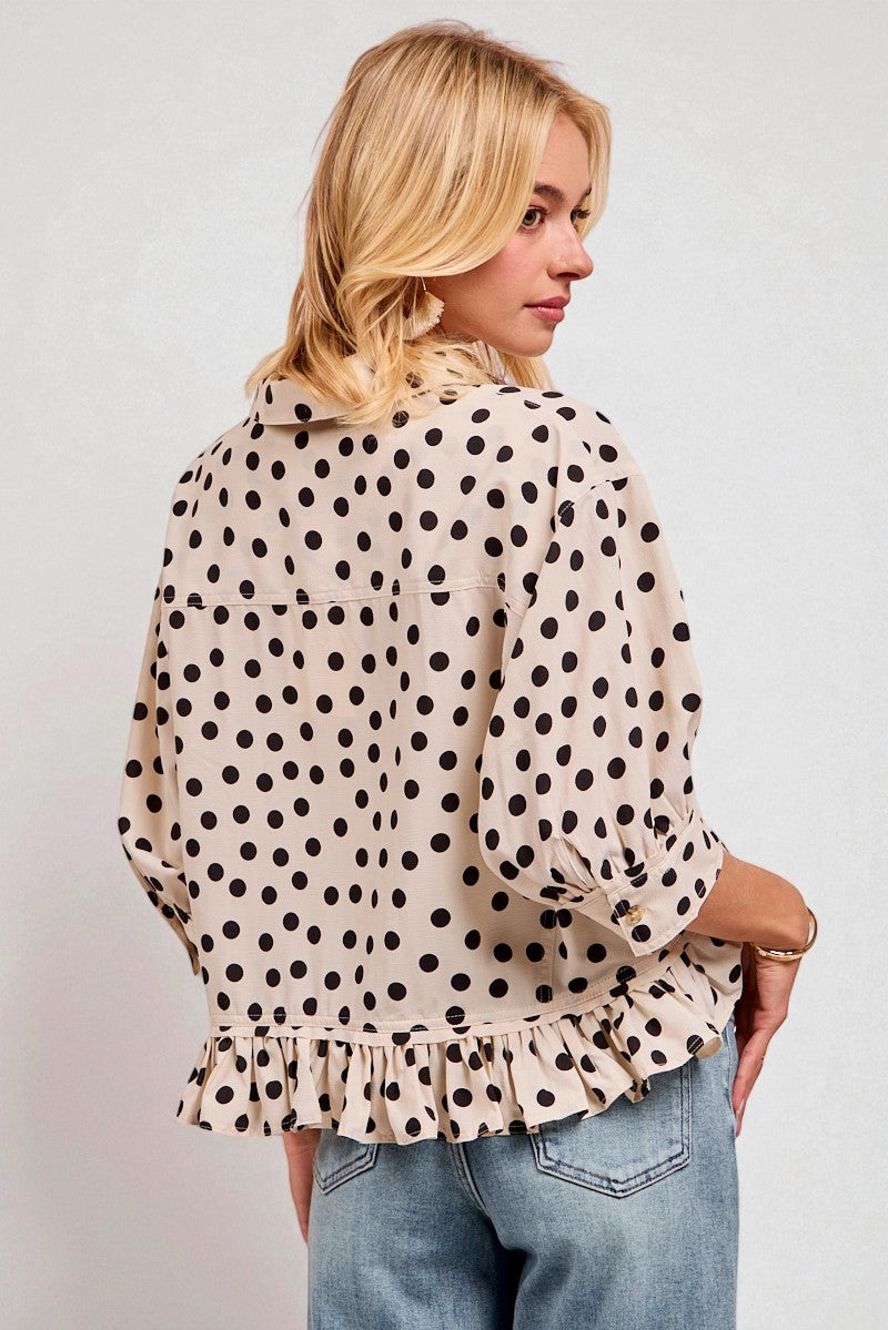Ivory Polka Dot Ruffle Hem Button Top