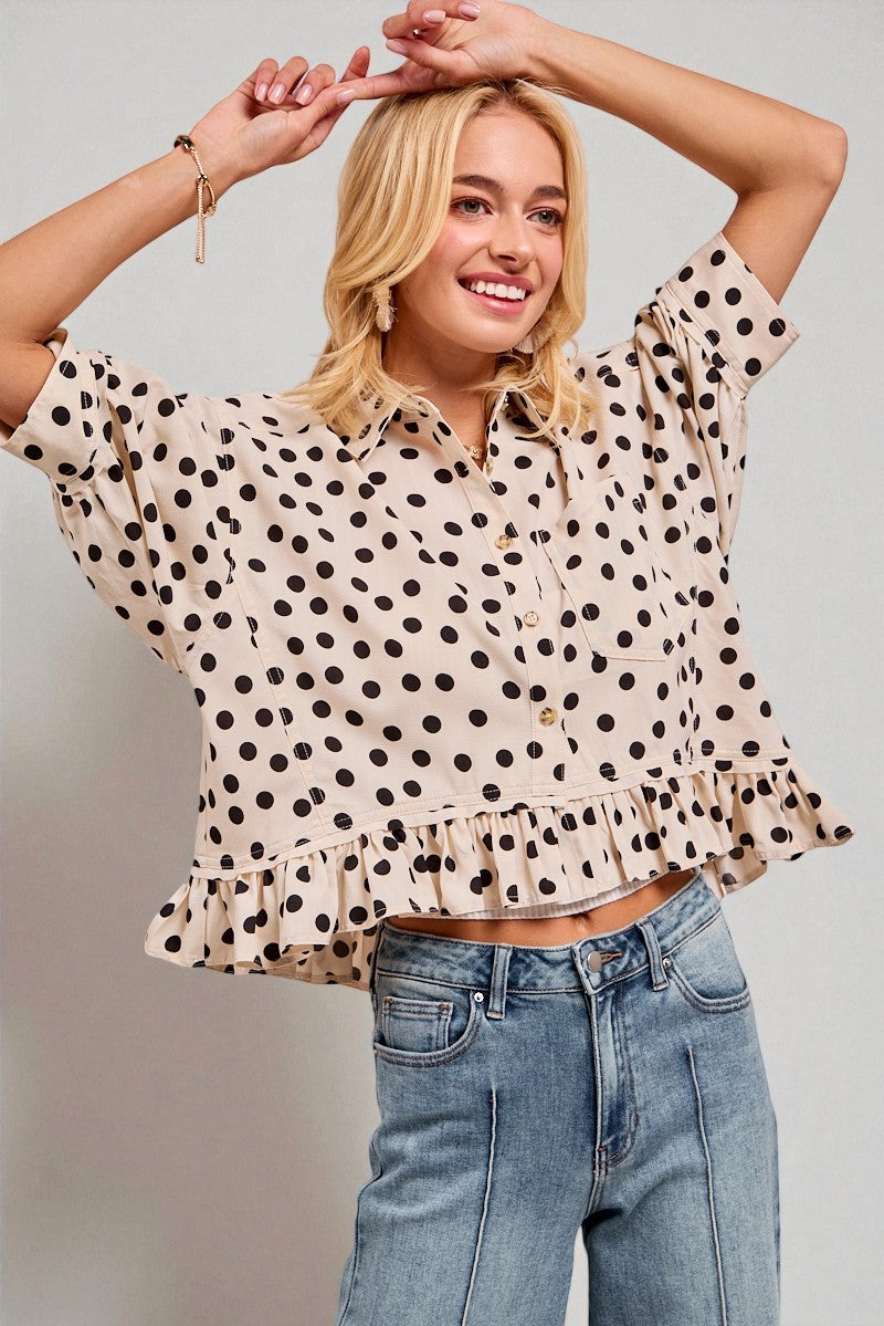 Ivory Polka Dot Ruffle Hem Button Top