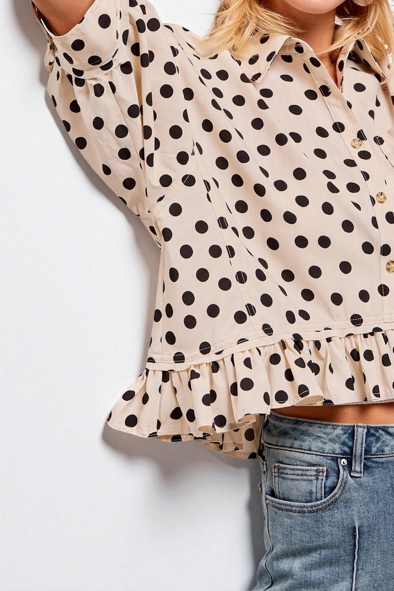 Ivory Polka Dot Ruffle Hem Button Top