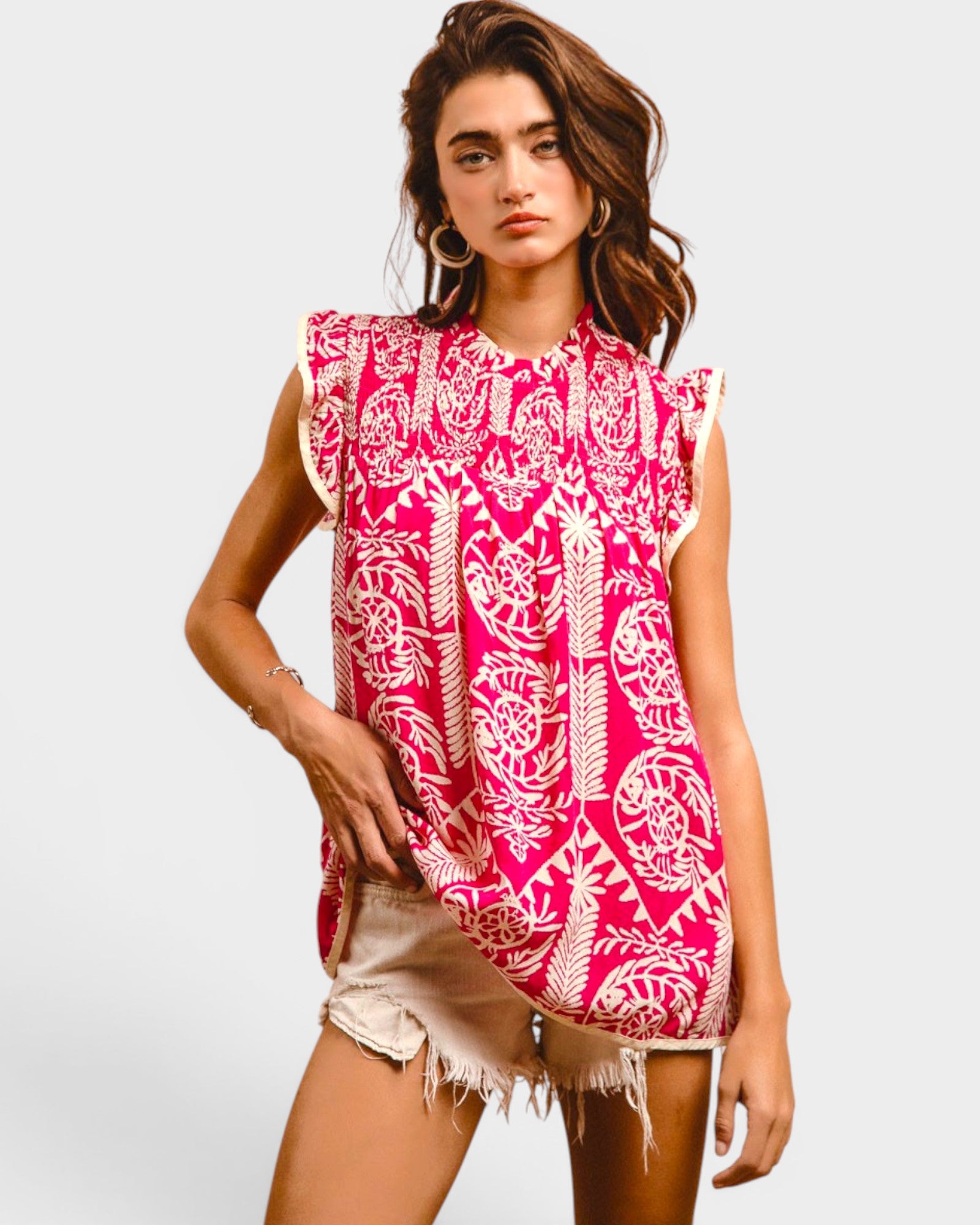 Pink Printed Ruffle Sleeve Blouse