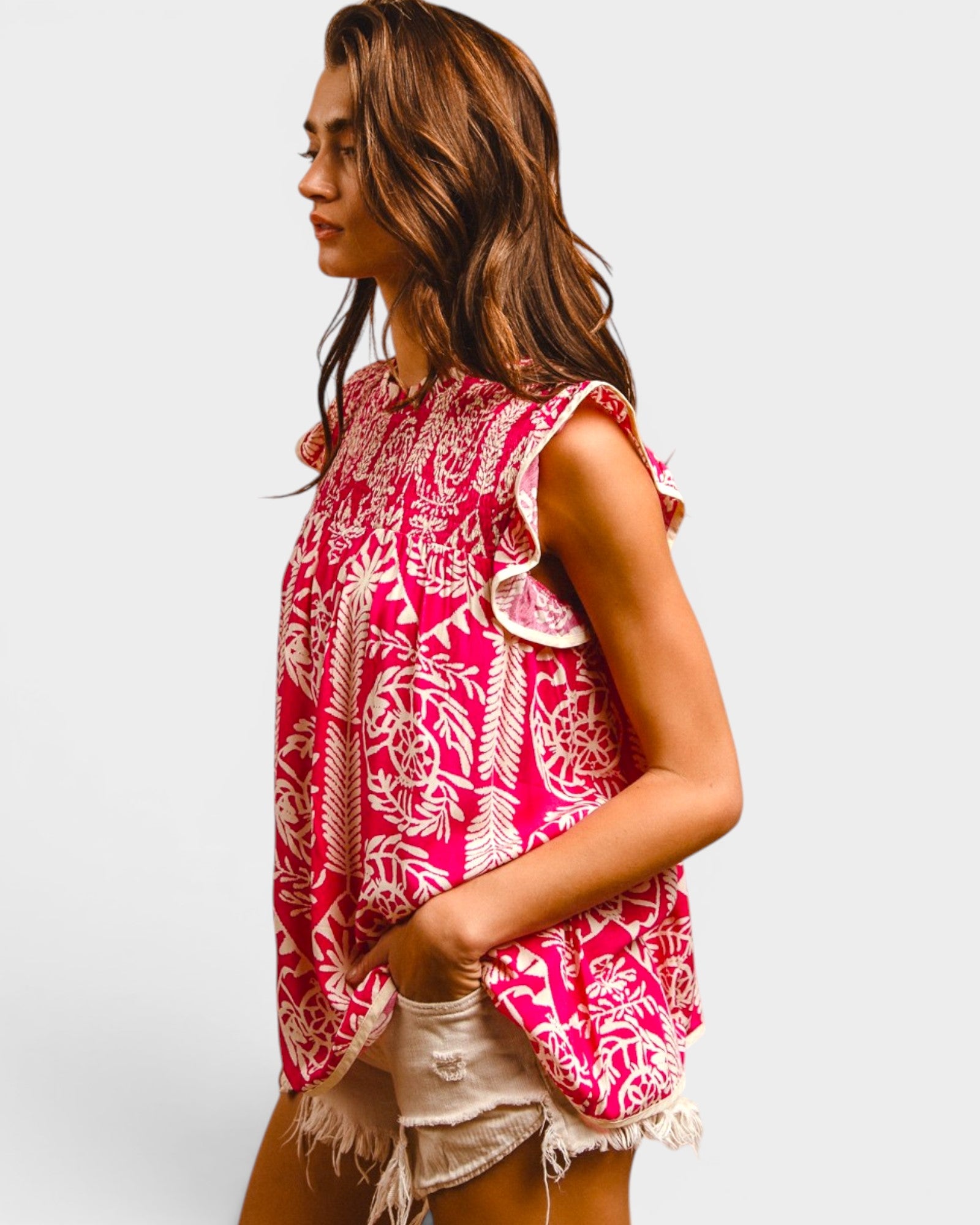 Pink Printed Ruffle Sleeve Blouse