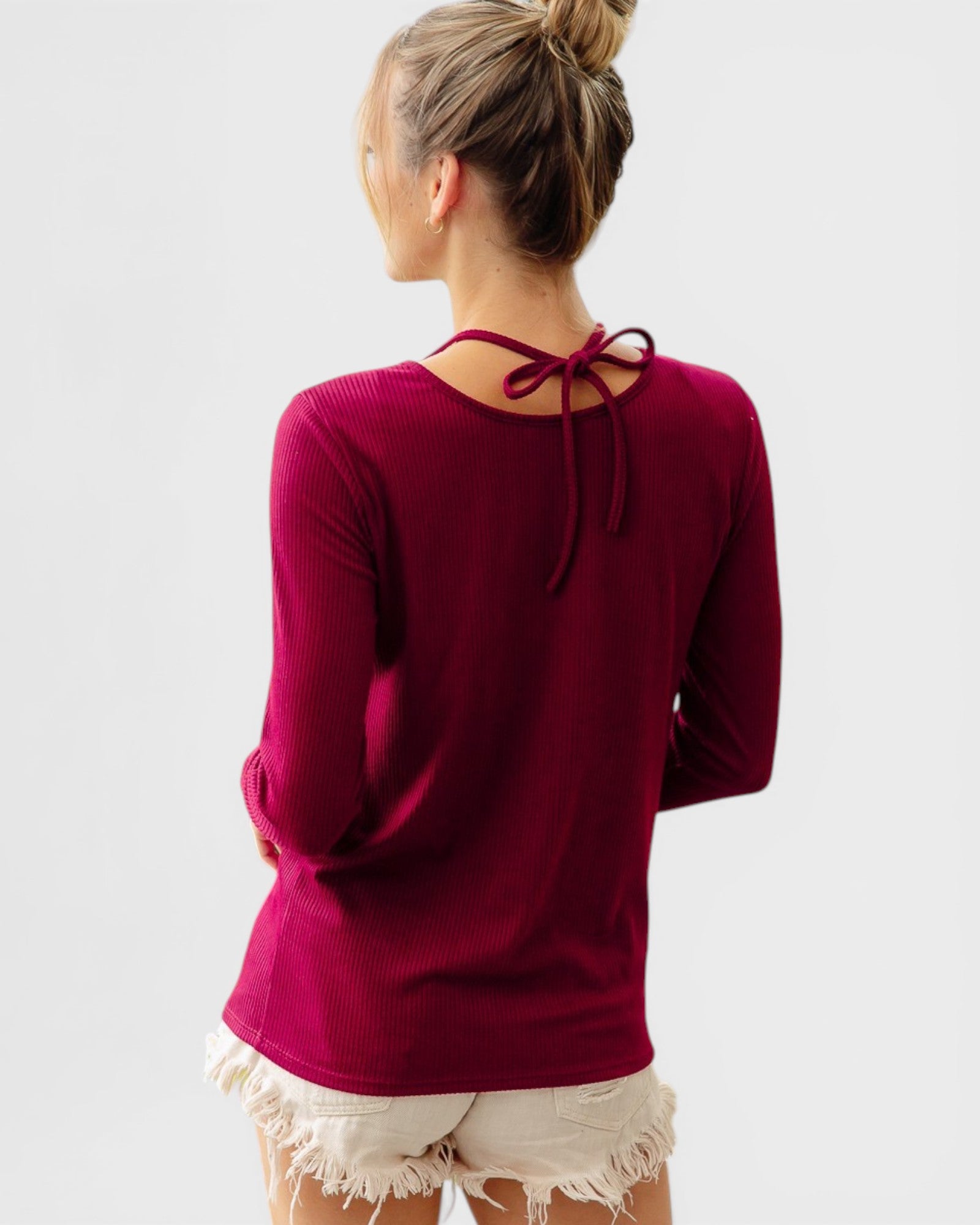 Berry Rib Knit Cutout Tie Neck Top