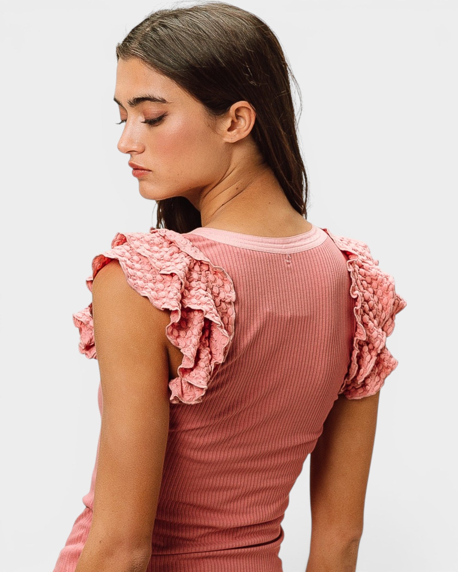 Rose Pink Ribbed Ruffle Sleeve Tank Top