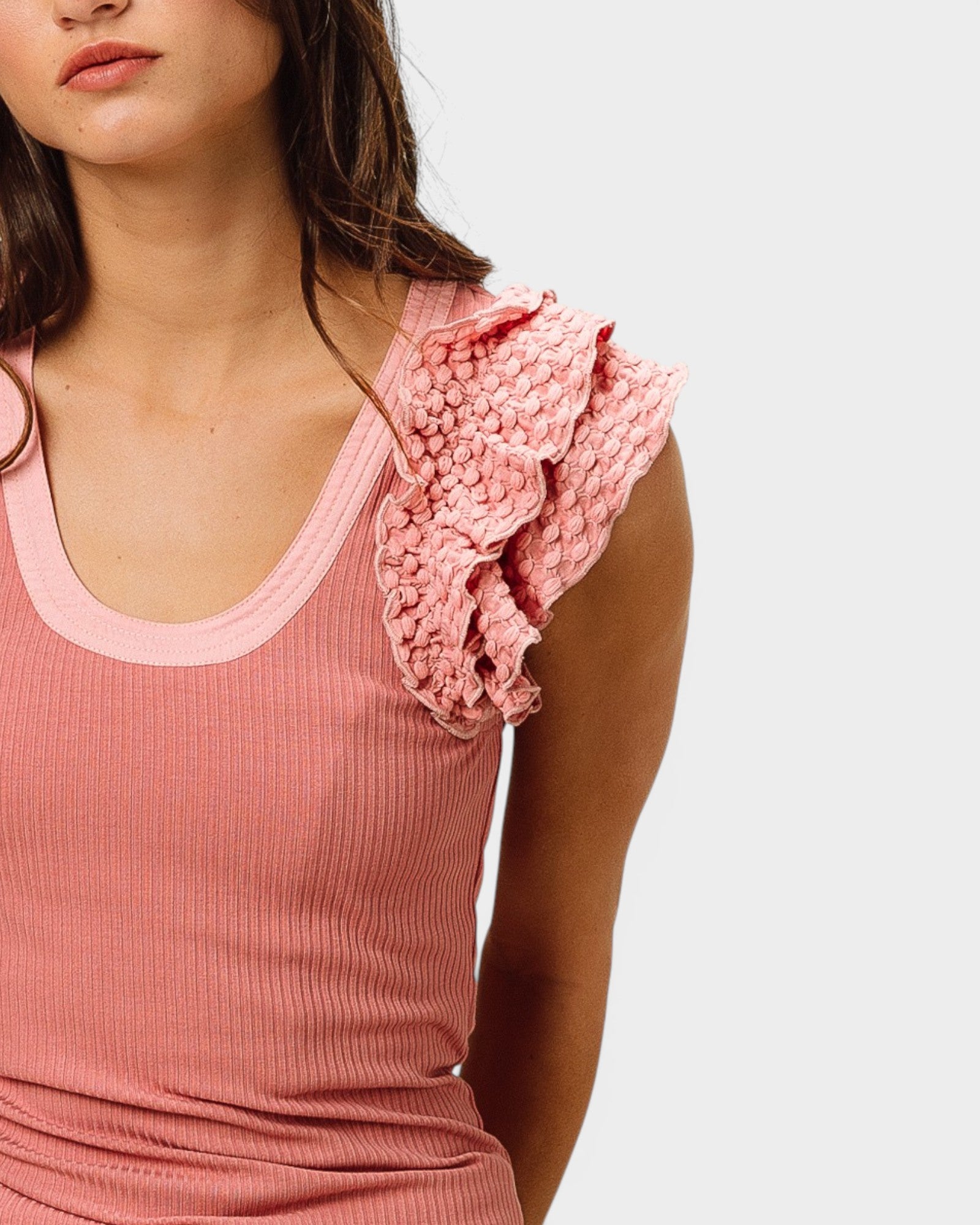 Rose Pink Ribbed Ruffle Sleeve Tank Top
