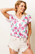 Woman wearing a floral top and shorts against a plain background