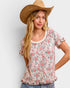 Woman wearing a floral blouse and wide-brimmed hat against a plain background