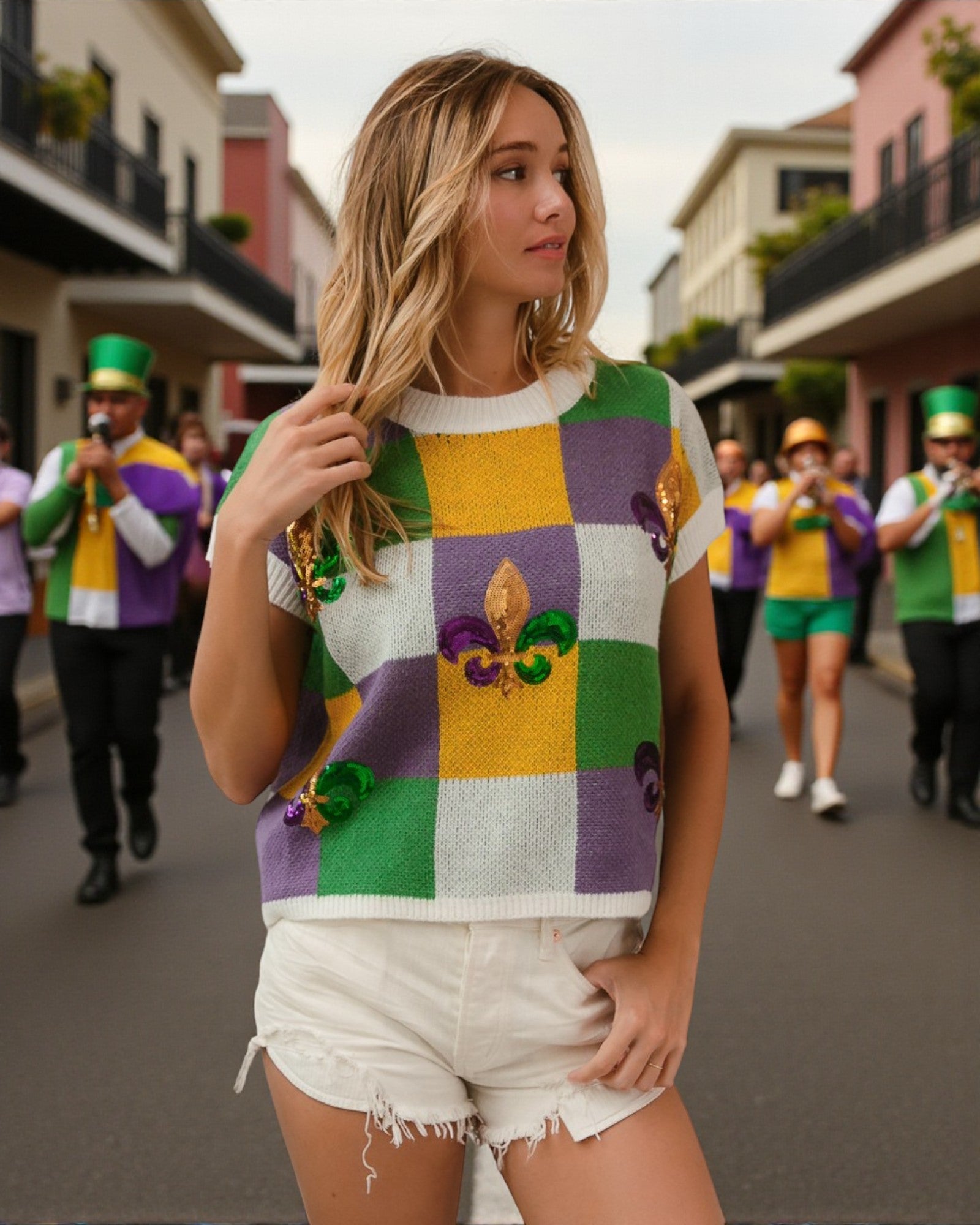 Woman wearing a colorful checkered sweater with a parade in the background