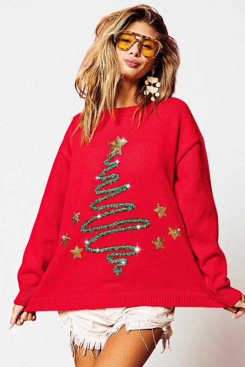 Person wearing a red sweater with a Christmas tree design on a white background