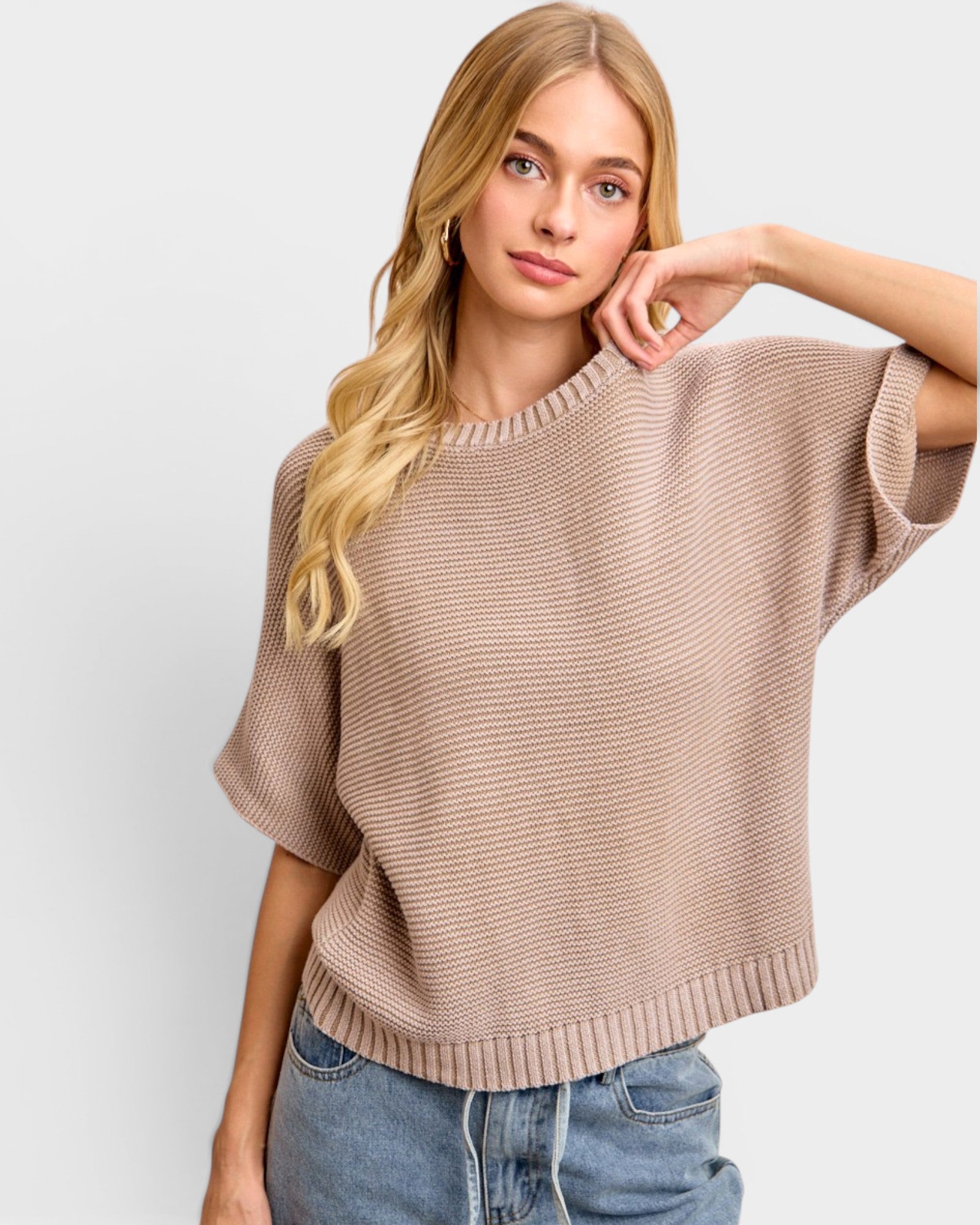 Washed Mocha Cotton Short Sleeve Sweater