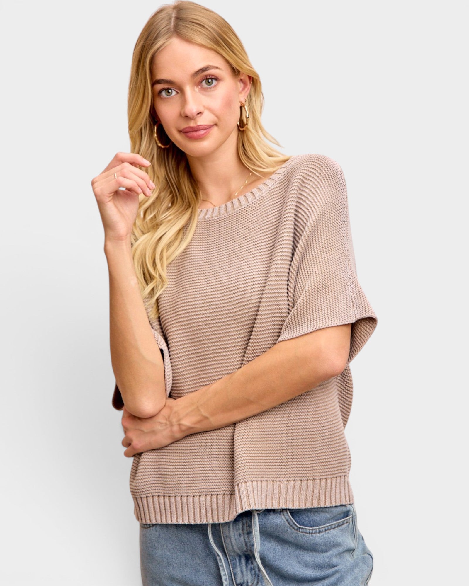 Washed Mocha Cotton Short Sleeve Sweater