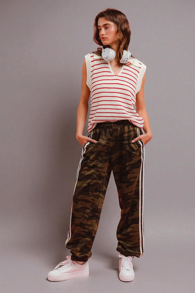 Person wearing a striped sleeveless top and camouflage pants with white stripes on a gray background