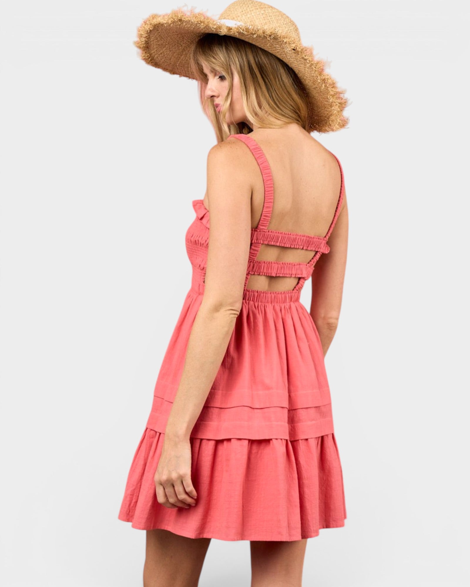 A woman wearing a coral pink tiered mini dress with ruffled straps and a cutout back, paired with a straw hat, shown from the back against a light gray studio background.