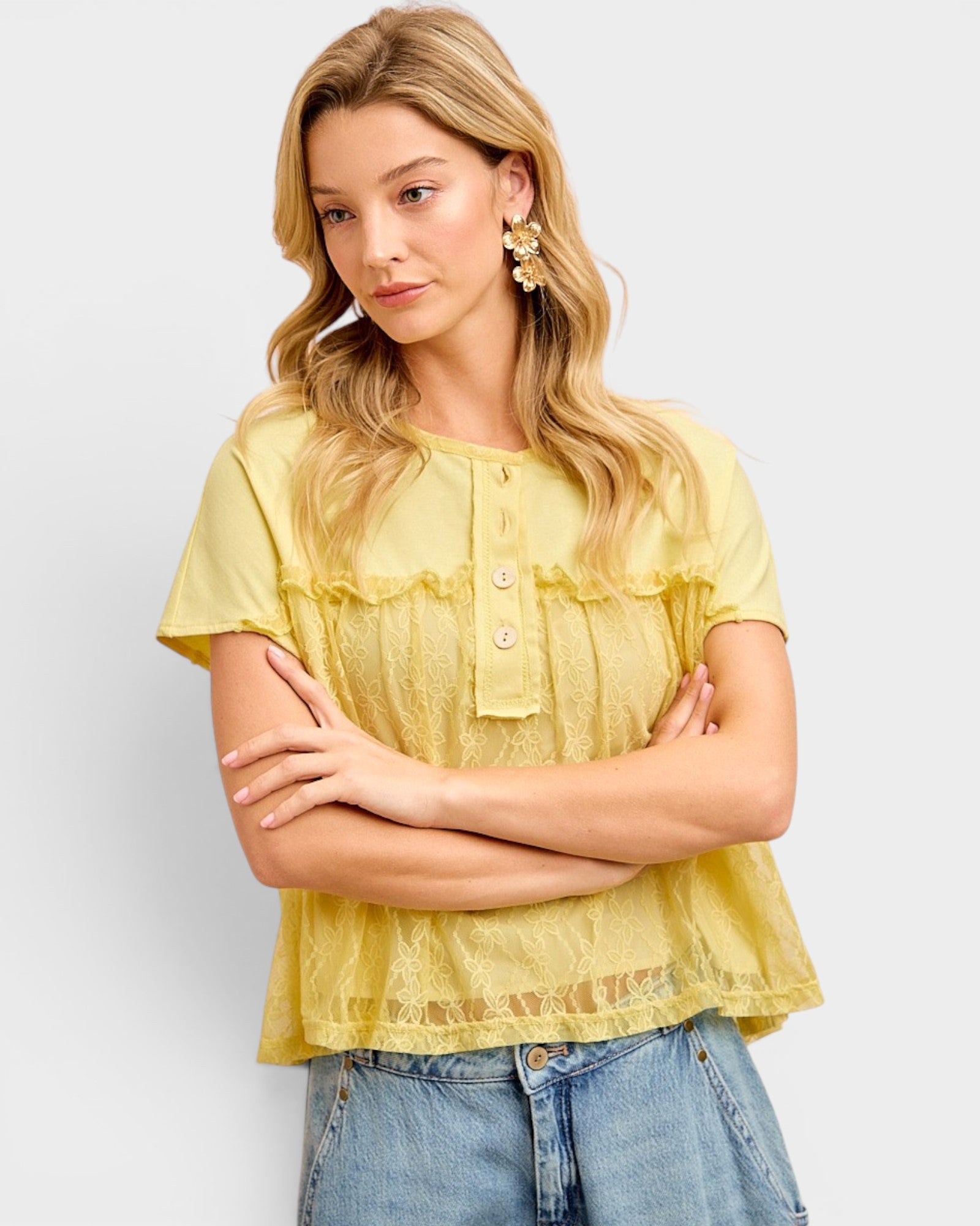 Banana Lace Detail Button Top