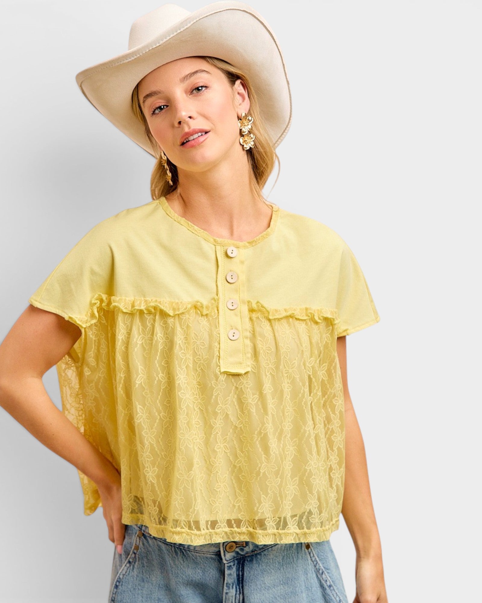 Banana Lace Detail Button Top