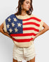 Person wearing a sweater with an American flag design on a plain background