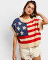 Person wearing a sweater with an American flag design on a plain background