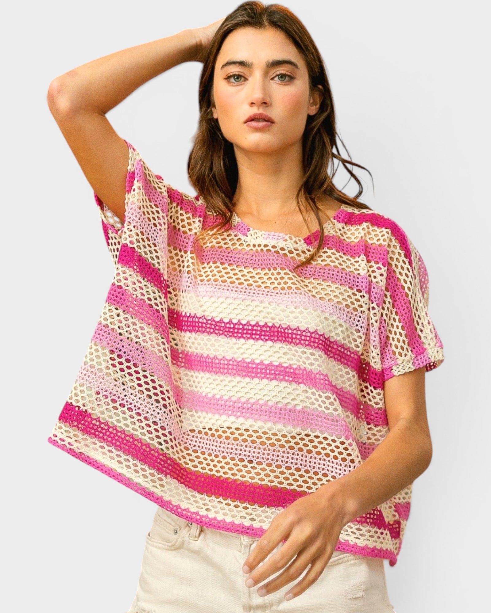 Top de punto de manga corta calado a rayas en combinación fucsia