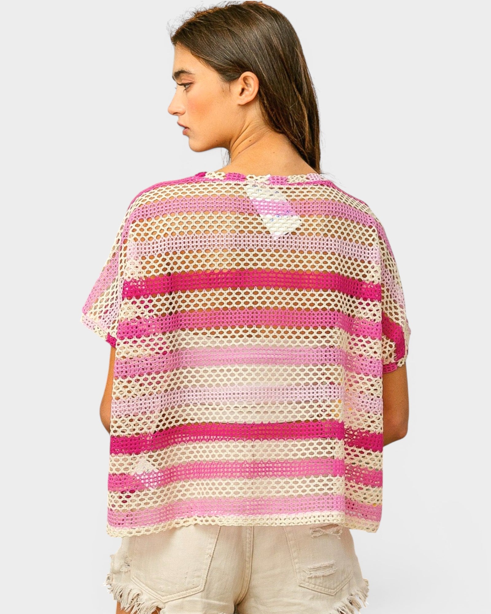 Top de punto de manga corta calado a rayas en combinación fucsia