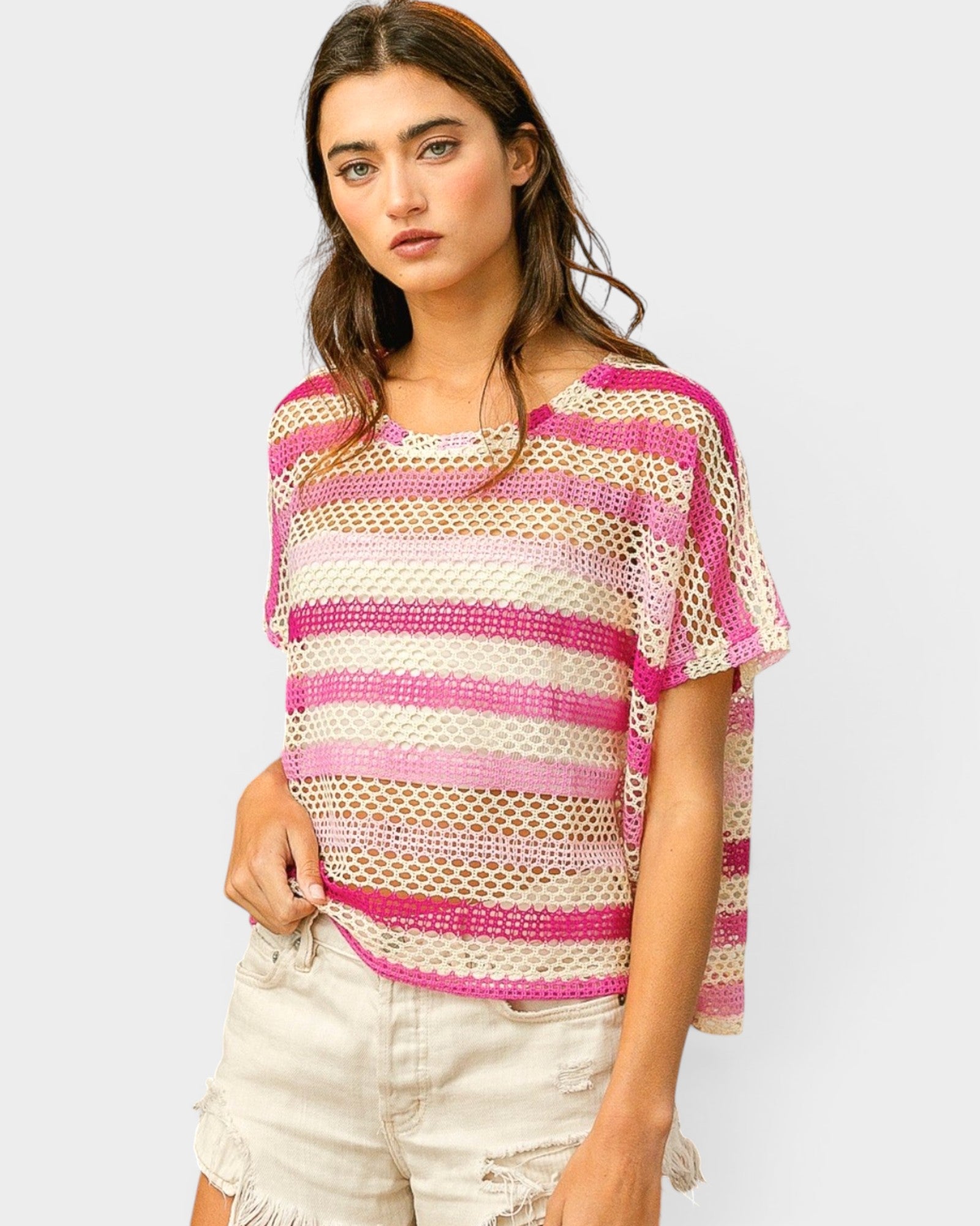Top de punto de manga corta calado a rayas en combinación fucsia