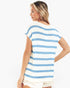 A woman wearing a short-sleeve knit top with horizontal blue and white stripes, shown from the back against a plain white background.