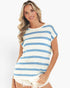 A woman wearing a short-sleeve knit top with horizontal light blue and off-white stripes, paired with white shorts, against a plain white background.