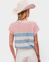 Woman wearing a striped sweater and wide-brimmed hat on a plain background