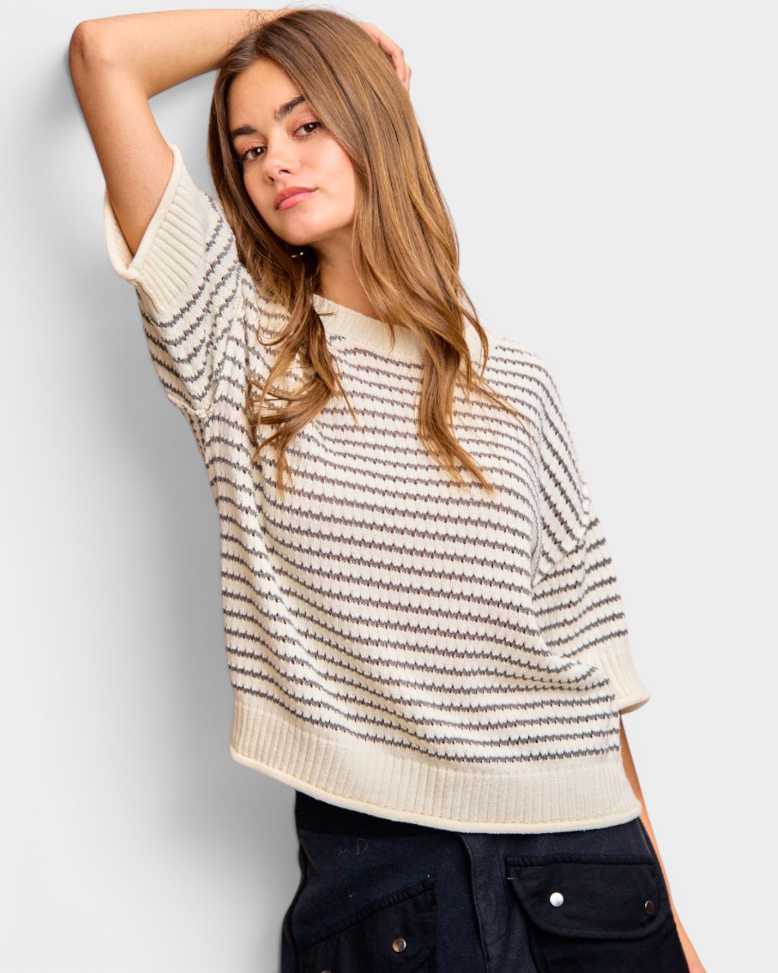 Cream & Gray Stripe Knit Sweater