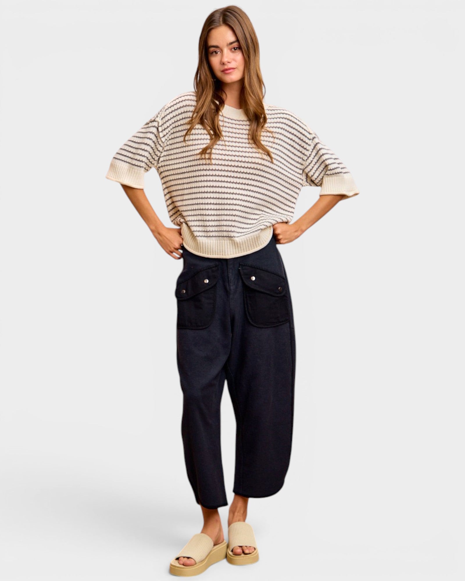 Cream & Gray Stripe Knit Sweater