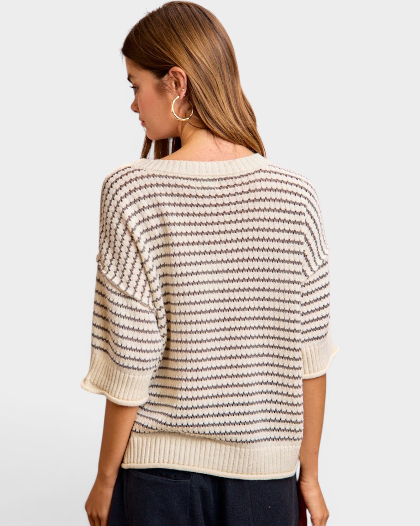 Cream & Gray Stripe Knit Sweater