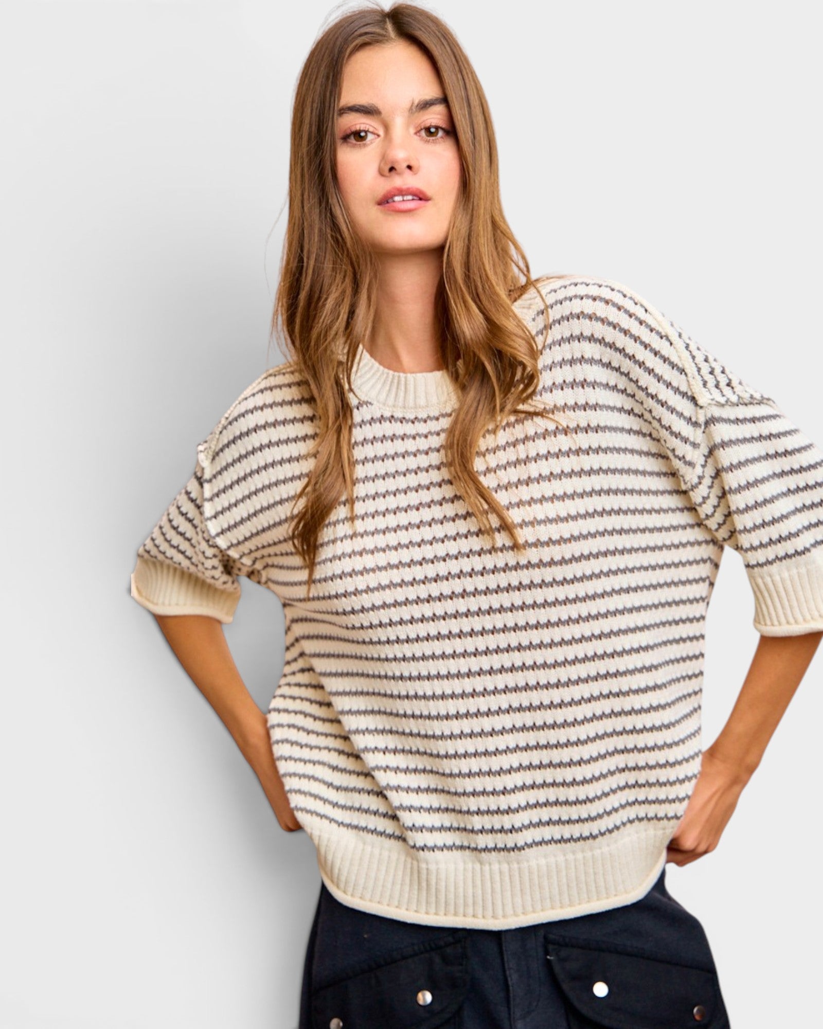 Cream & Gray Stripe Knit Sweater