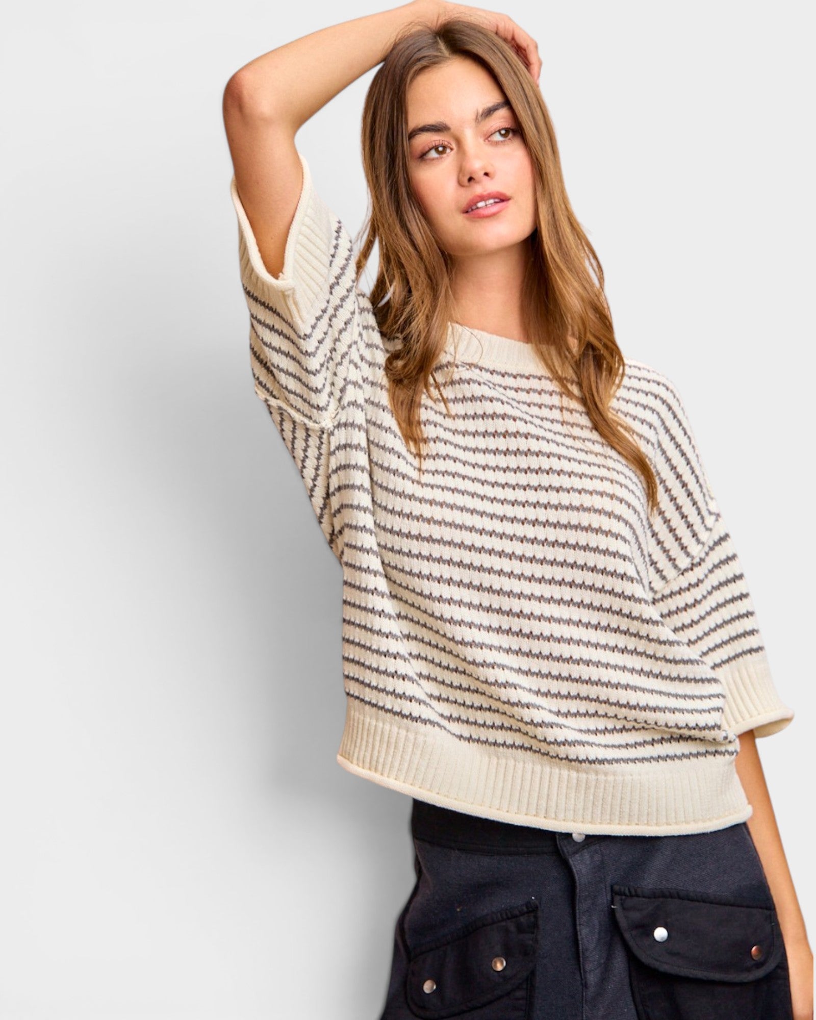 Cream & Gray Stripe Knit Sweater