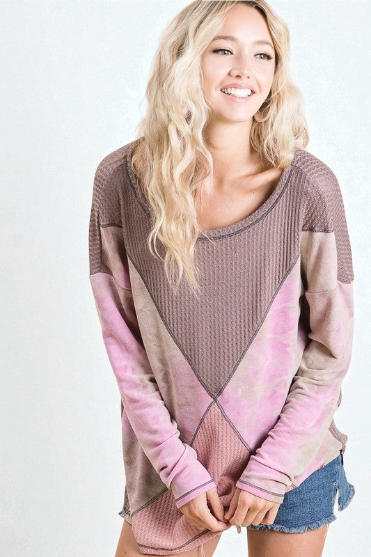 Mauve Tie-Dye Patchwork Long Sleeve Top