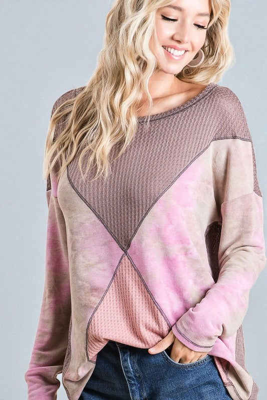 Mauve Tie-Dye Patchwork Long Sleeve Top