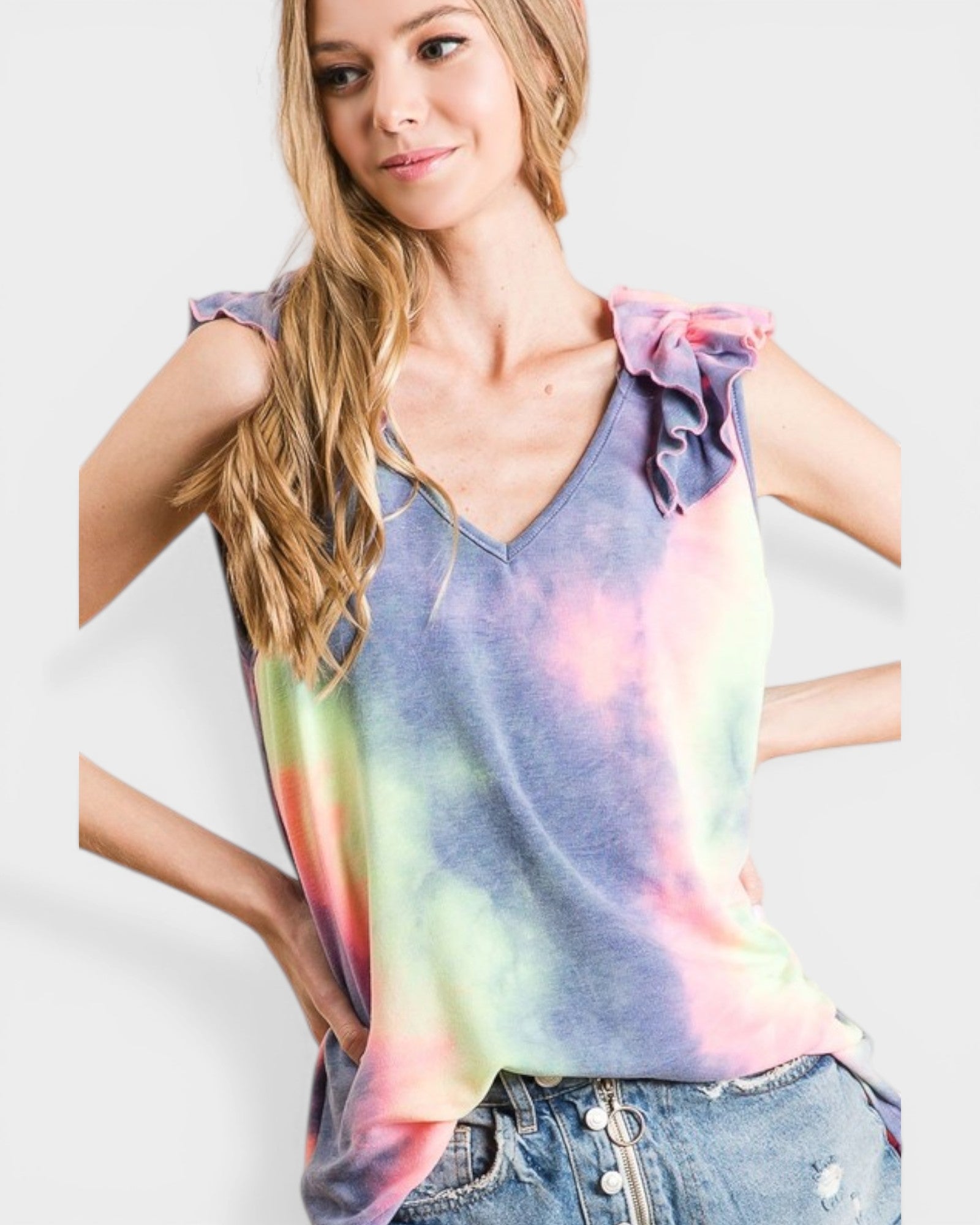 Pastel Tie Dye Ruffle Shoulder Tank Top