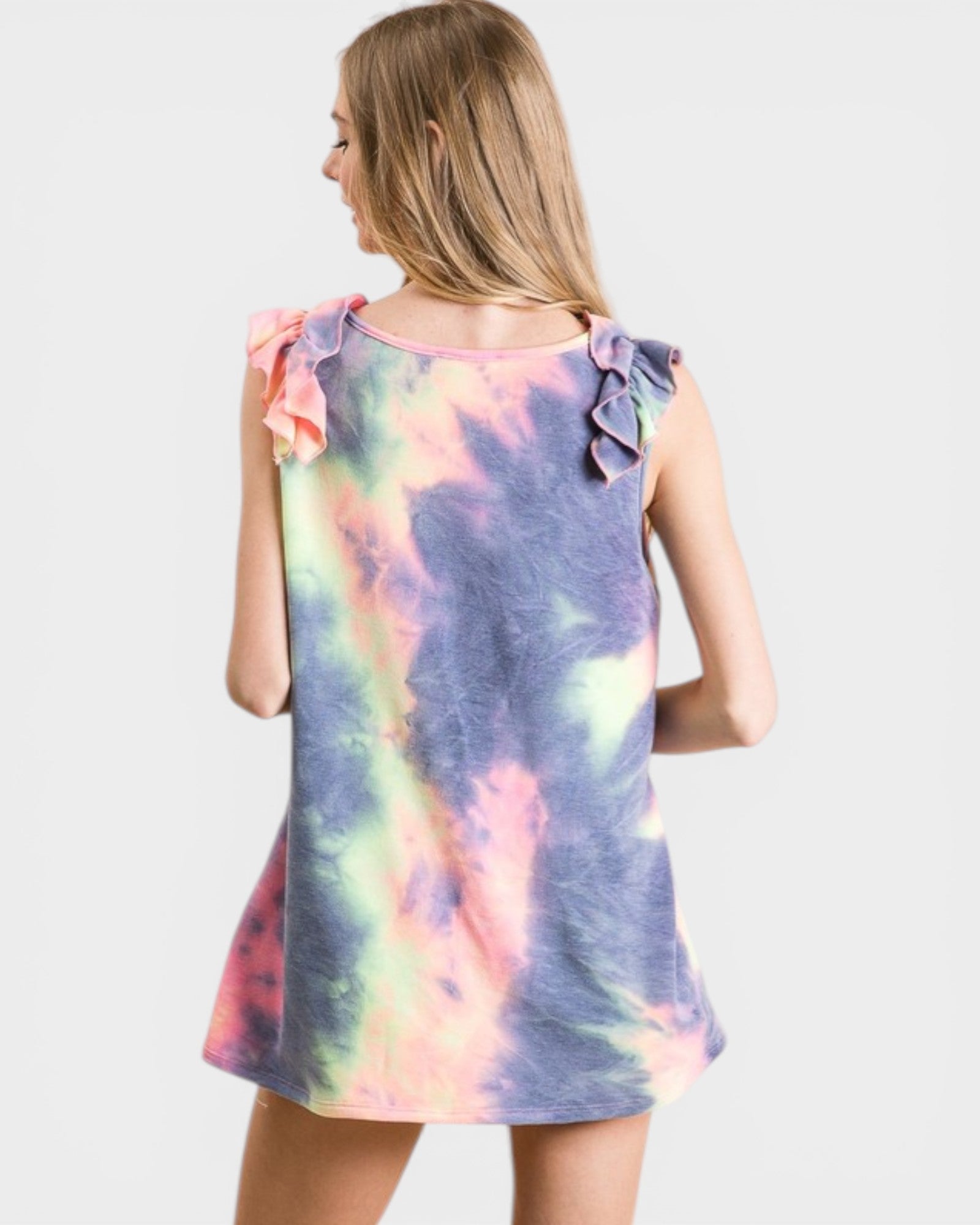 Pastel Tie Dye Ruffle Shoulder Tank Top