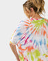 Person wearing a colorful tie-dye shirt on a white background