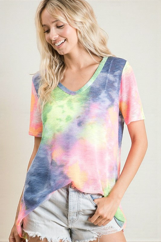 Pastel Tie Dye V-Neck Knit Top