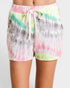 Colorful tie-dye shorts with a drawstring on a white background