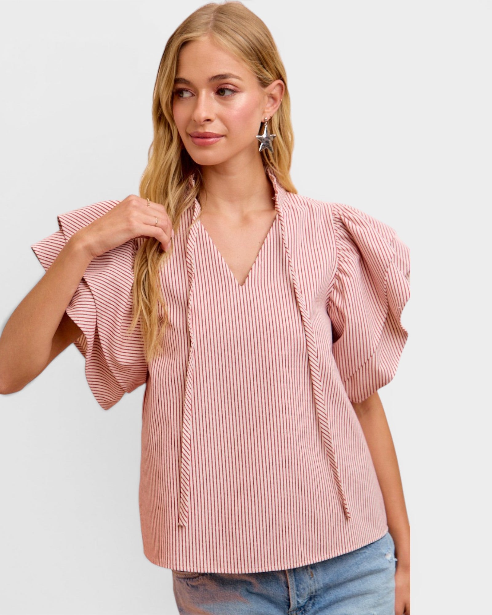 Rose Stripe Ruffle Sleeve Blouse